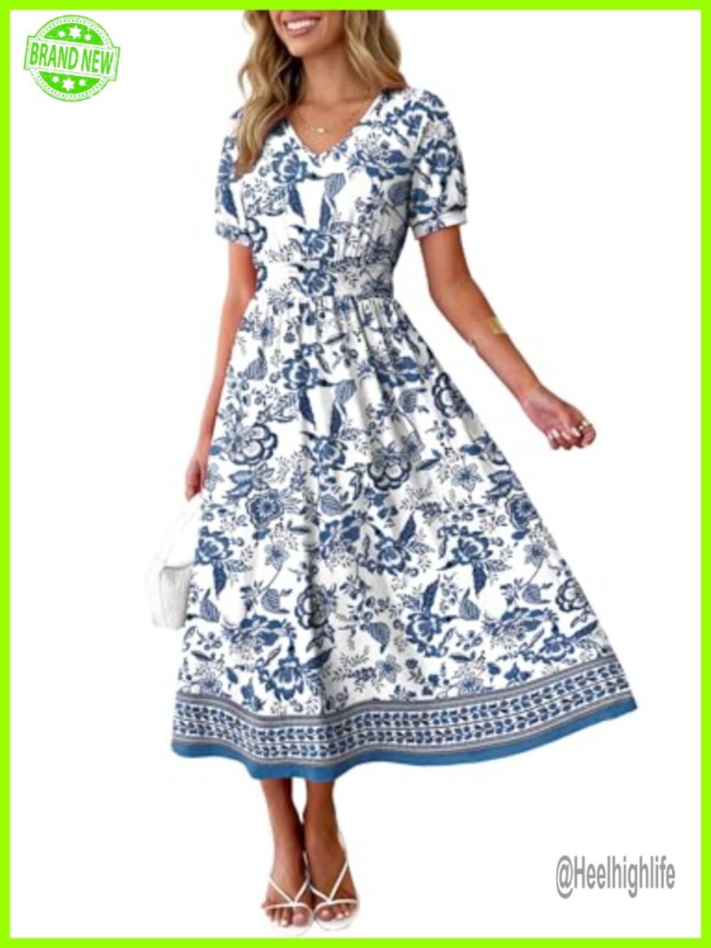 V Neck Maxi Dress with Smocked Waist A-Line Midi Dress for Women - Picture 2 of 7